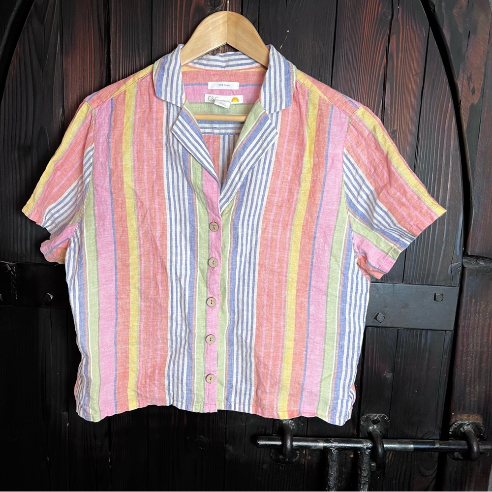 C&C California Linen Striped Shirt in Pink, Green, Blue & Cream